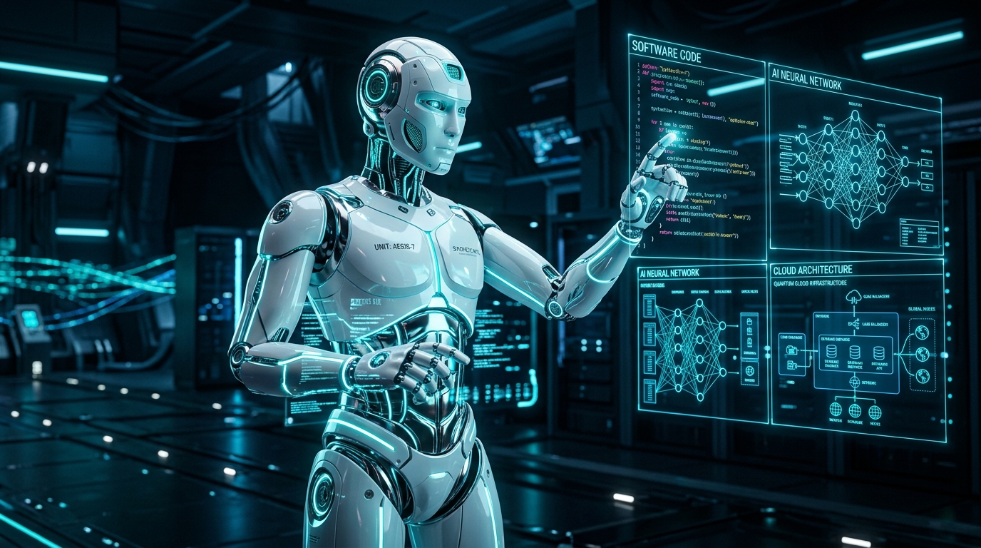 Futuristic AI Robot interacting with software architecture